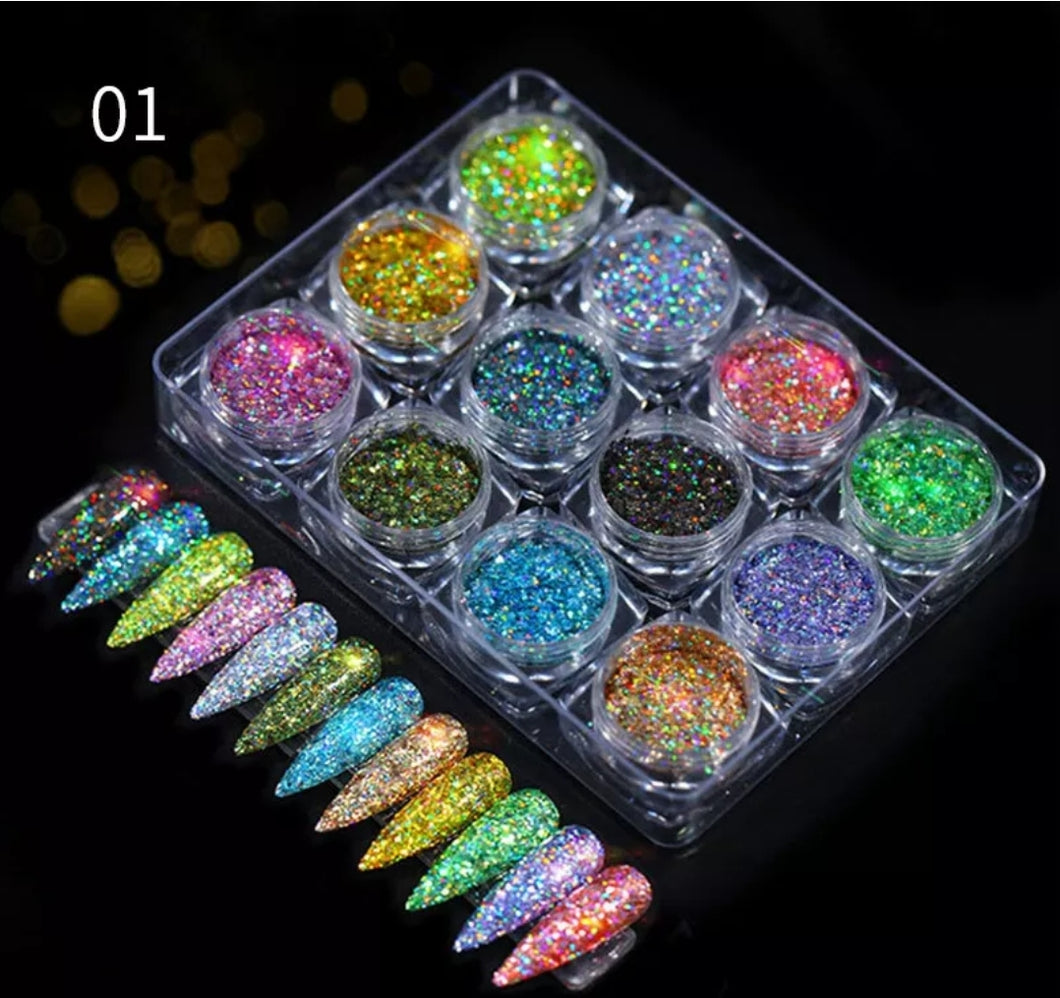 12Boxes/Set Mix Color Nail Art Powder Holographics Glitter Dust