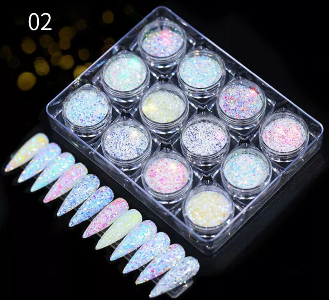 12Boxes/Set Mix Color Nail Art Powder Holographics Glitter Dust DIY UV Gel Nails