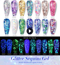 Cargar imagen en el visor de la galería, BORN PRETTY 1 Box 5g Luminous Glitter Sequins Nail Gel Glow In The Dark Effect Manicuring UV Gel Polish 06
