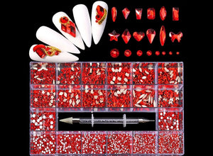 2500pcs Luxury Shiny Diamond Nail Art Rhinestones Crystal Decorations Set AB Glass 1pcs Pick Up Pen In Grids Box 21 Shape Red