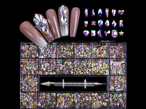 1500pcs Luxury Shiny Diamond Nail Art Rhinestones Crystal Decorations Set AB Glass 1pcs Pick Up Pen In Grids Box 21 Shape Tornasol 2