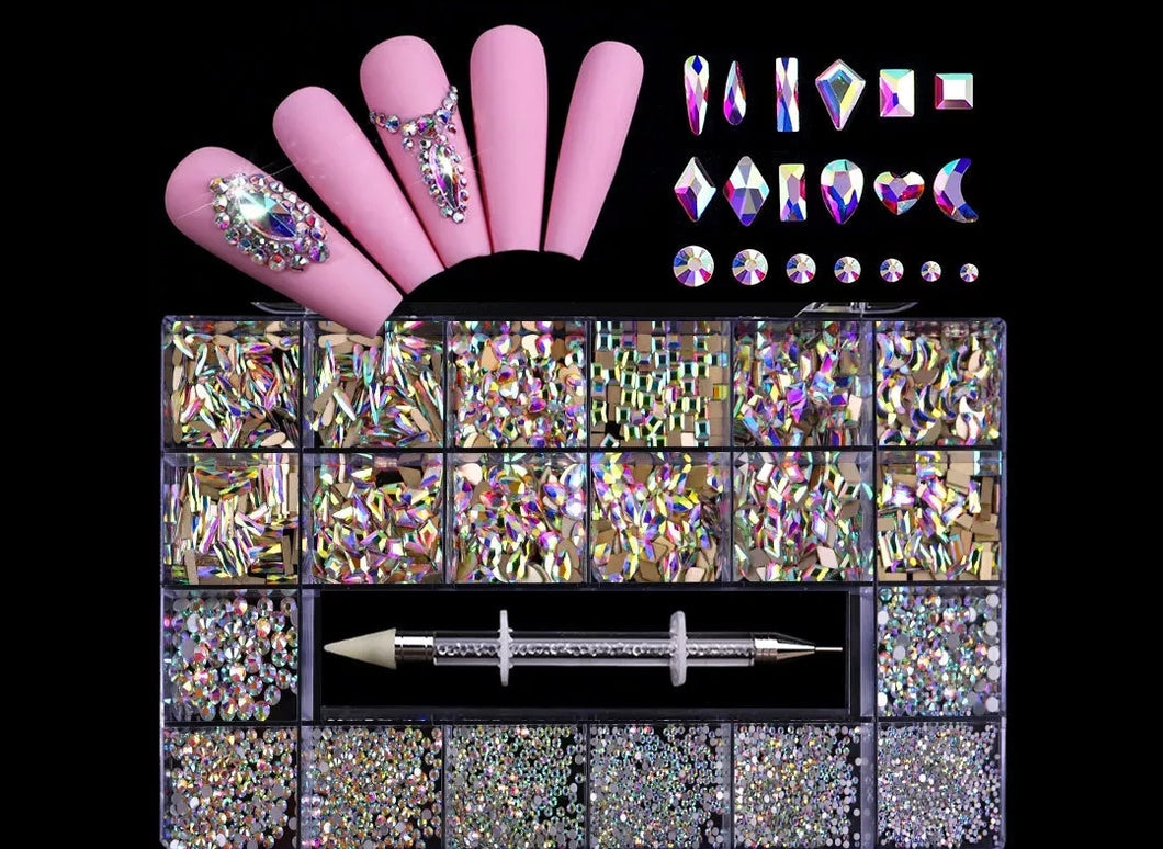 1500pcs Luxury Shiny Diamond Nail Art Rhinestones Crystal Decorations Set AB Glass 1pcs Pick Up Pen In Grids Box 21 Shape Tornasol 1